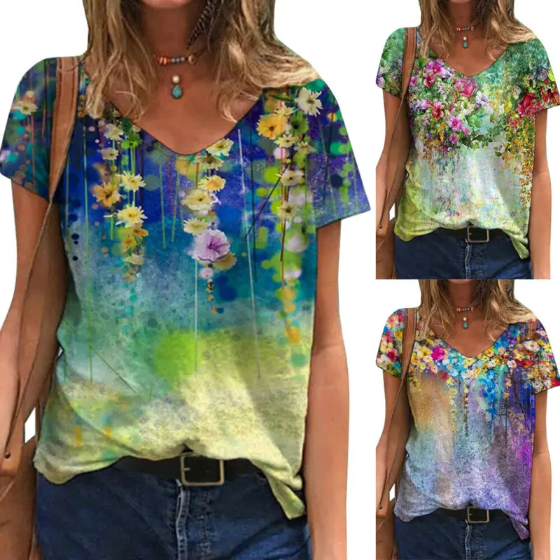 

Cofekate Shirts for Women Fashion Summer Clothing 2021 Floral Printed V-Neck Short Sleeve T-Shirt Summer Casual Loose Woman Tops