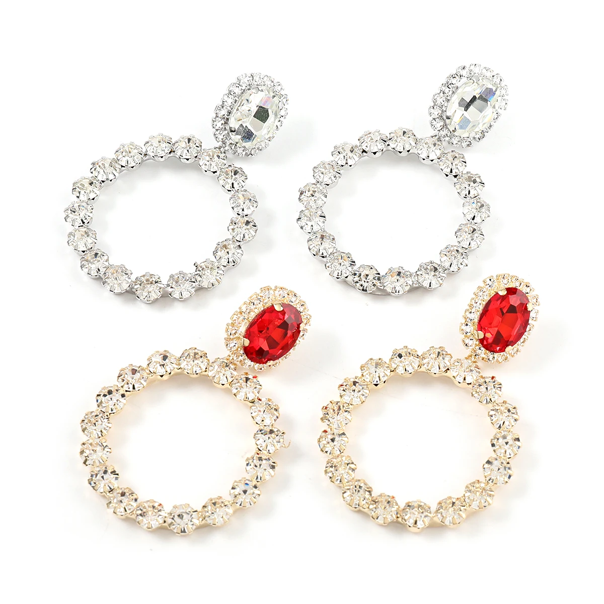 

2021 Fashion Metal Glass Rhinestone Round Earrings School Party Shiny Dangle Earrings Women's Simple Statement Earrings