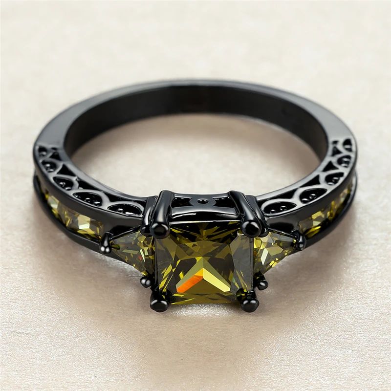 

Luxury Female Olive Green Thin Ring Vintage 14KT Black Gold Wedding Rings For Women Promise Square Zircon Stone Engagement Ring