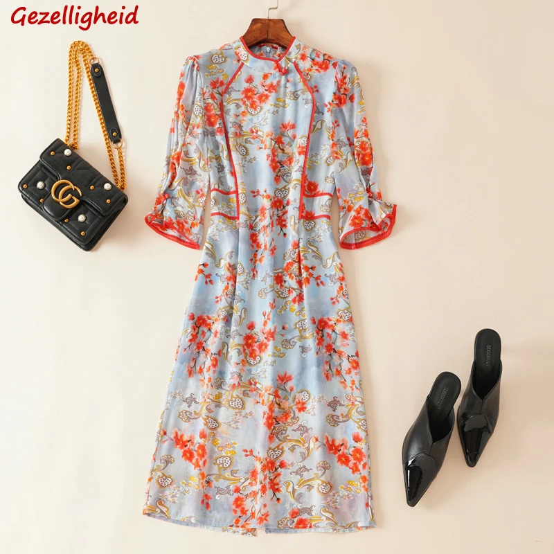 

Gezelligheid Dresses For Women 2021 Summer Fashion Designer Elegant Cheongsam Vintage Printed Slim 100% Mulberry Silk Midi Dress