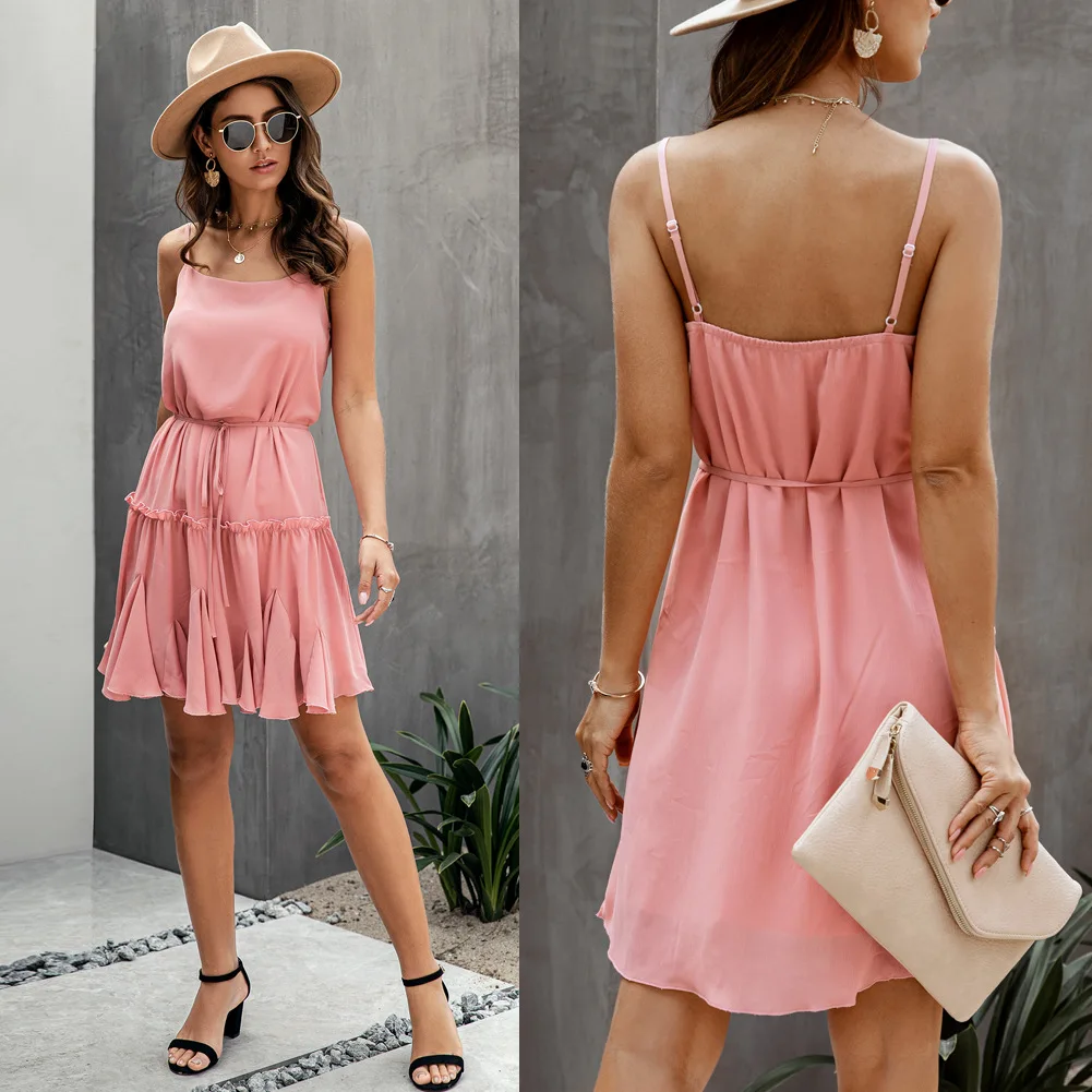 

2020 Summer Dress Women Sexy Spaghetti Strap O Neck Lace Up Ruffles Boho Beach Dresses Ladies Backless Chiffon Sundress Vestidos