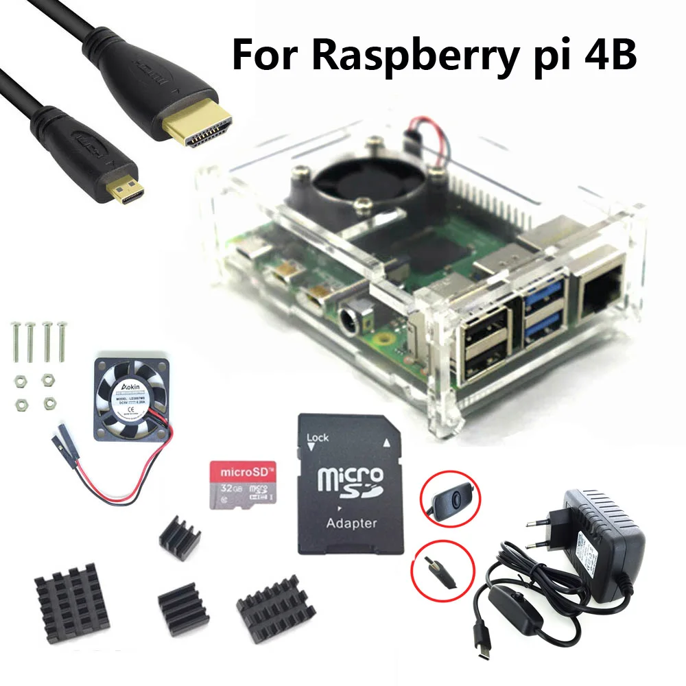Bunle 6 Raspberry Pi 4 Модель B стартовый комплект источник питания акриловый чехол вентилятор радиатора HDMI - Цвет: Bunle 6