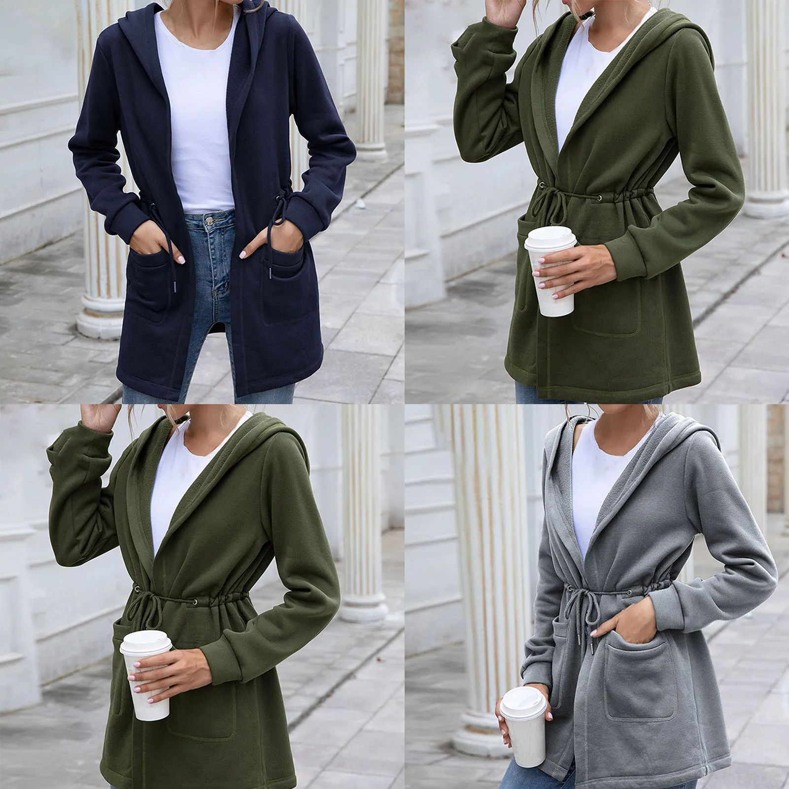 

Women Autumn Winter Waist Drawstring Hooded Coat Open Front Mid-length Cardigan