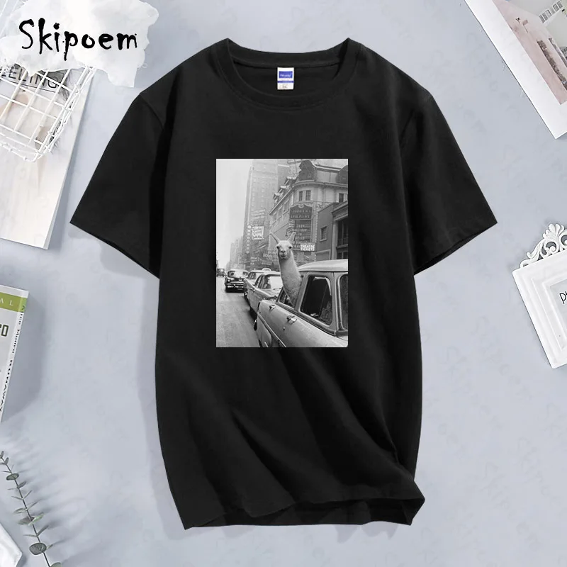 Модная футболка с короткими рукавами из 100% хлопка принтом лама в такси на Таймс