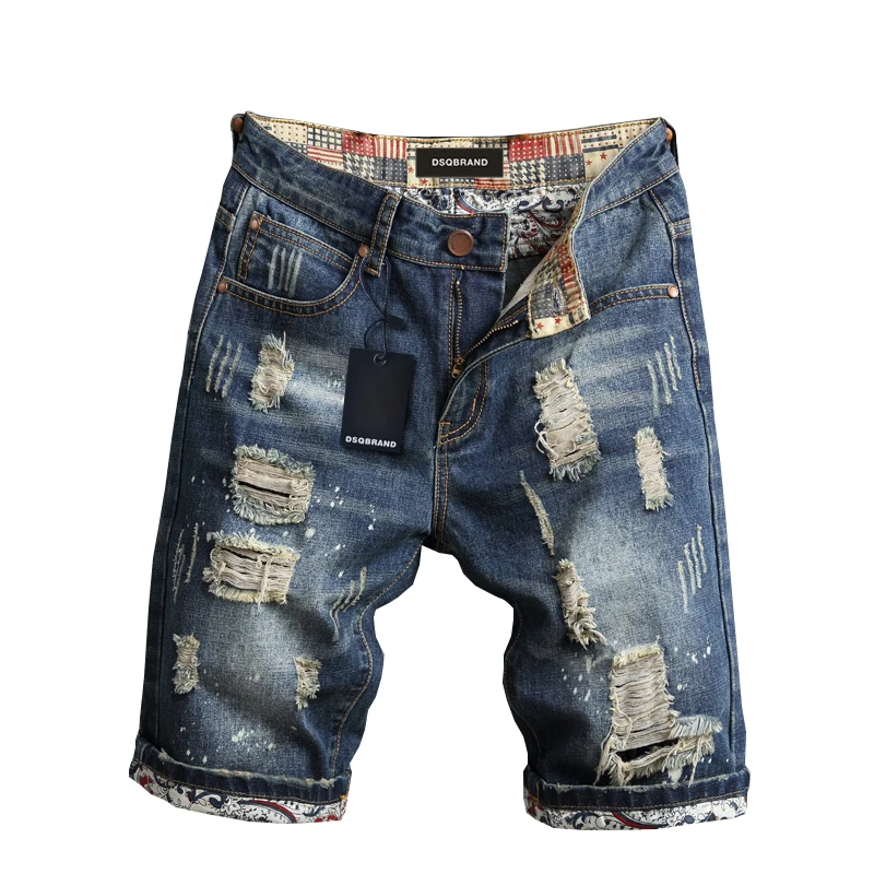 

DSQBRAND Denim Shorts Men's Retro Ripped Slim Fit Half Pants DSQ Letters Inner Label Patched Pants High Quality Luxury Street