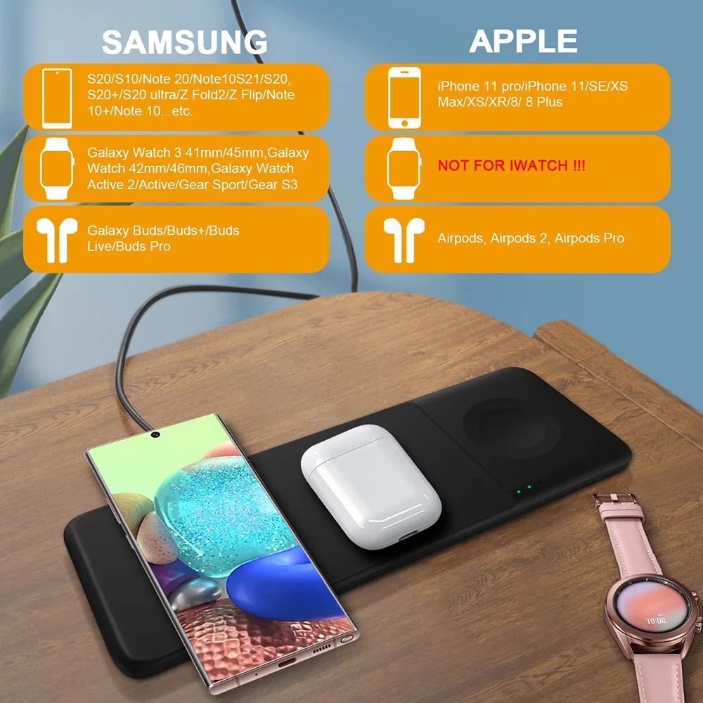 Cargador inal&aacute;mbrico 3 en 1 para Samsung Galaxy S21 20 10, adaptador QC3.0, cargadores inal&aacute;mbricos de carga r&aacute;pida, luz LED-2