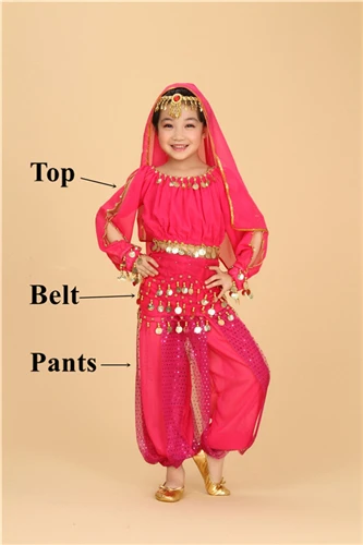 Rose Red 3pcs Костюм для танца живота с длинными рукавами, детский индийский костюм для танца живота, одежда для сцены, танцевальные костюмы для девочек - Цвет: Rose Red 3pcs