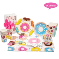 113pcs lot donut birthday set disposable cutlery paper plate paper cup gift bag knife and fork baby girl party supplies