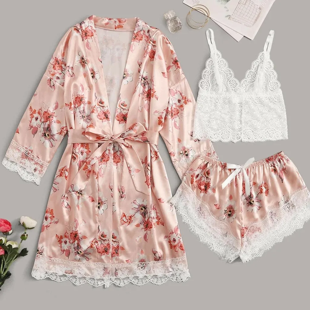 Пижамный комплект Женский из 3 предметов пикантный кружевной Бралетт с принтом