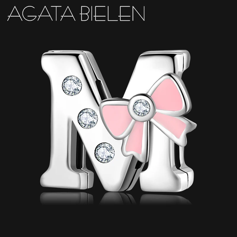 925 пробы Серебряный красивый розовый бант буквы алфавит М CZ бусы-клипсы для