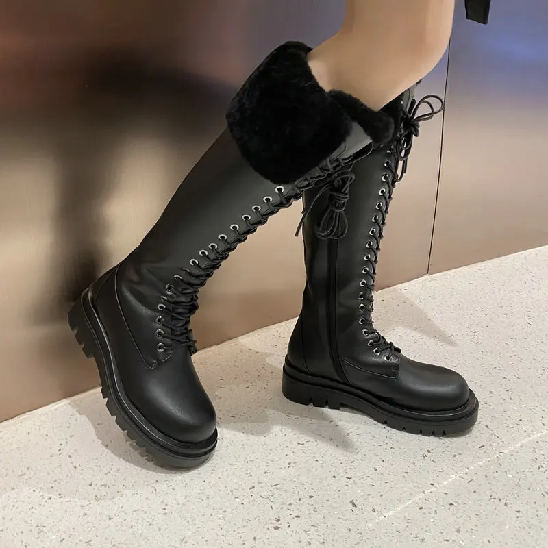 

2021 New Genuine Leather Boots Women Shoes Lace Up Warm Winter Boots Nature Sheep Wool Knee High Boots Ladies Botas