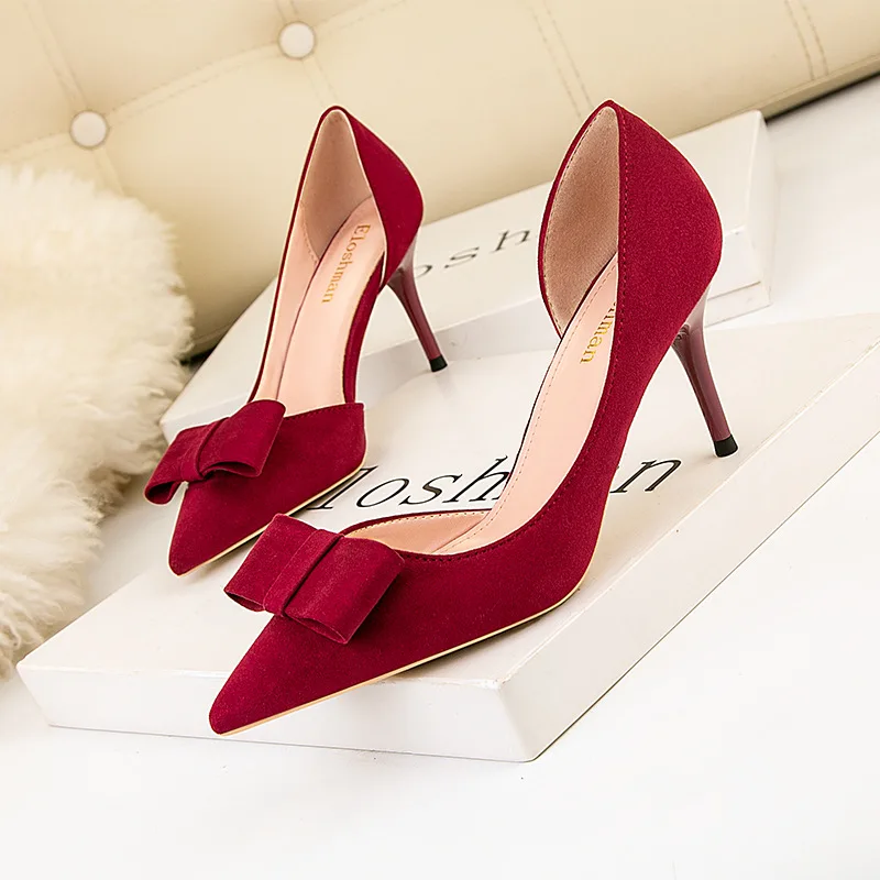 

Fashion Summer New High heels Sexy Butterfly-knot Thin Heels Flock Party Pointed Toe Slip-On Shallow Side Cutout 7cm High Heels