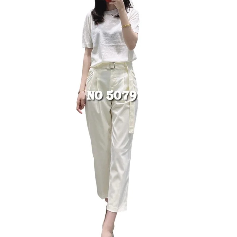 Koop Luxe Ontwerp Vrouwen Broek Kantoor Dame Katoen Effen Kleur Hoge Taille Broek Hebben Sjerpen 2.25