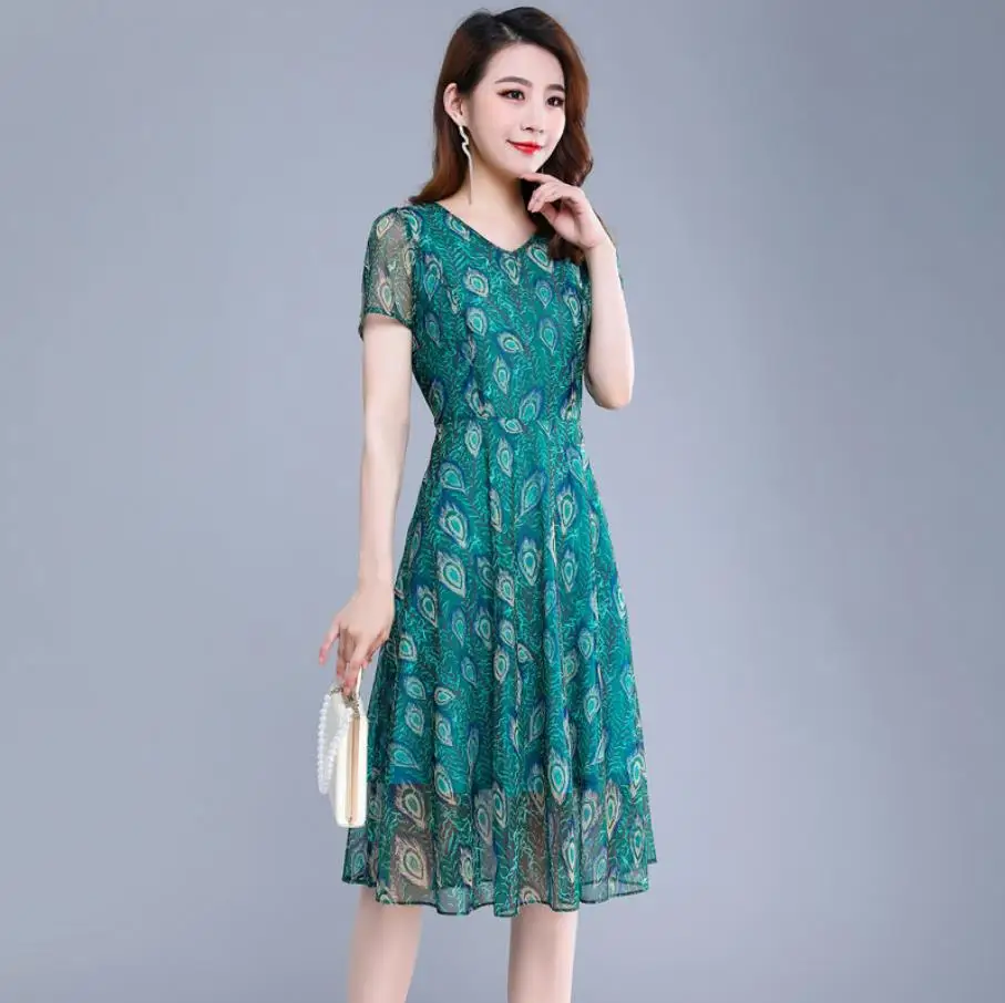 

Casual Summer Spring Women's Dress O-Neck Short Sleeve A-Line Women's Dress Malachite Green Thin Section Female Clothes SS3439