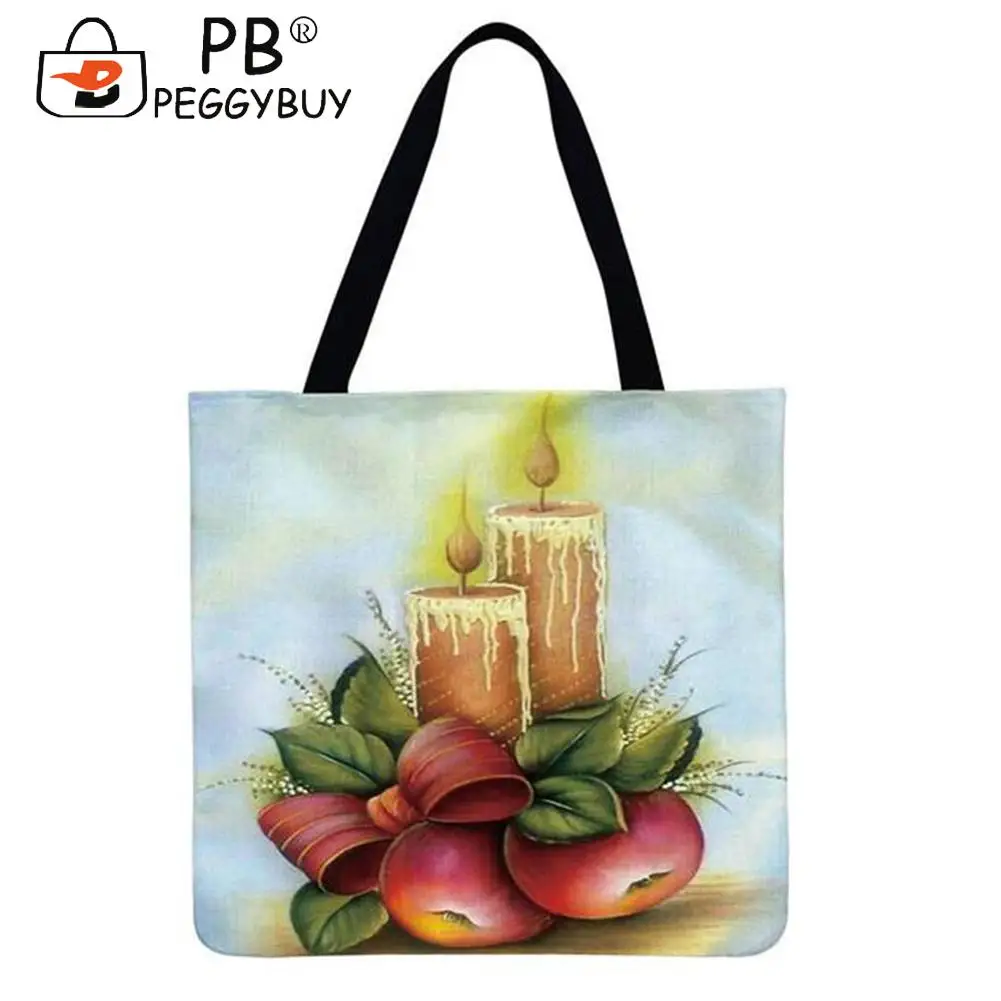 

Повседневная сумка для покупок через плечо с принтом яблока кошек рождественского снеговика свечи подсолнуха модные вместительные льняны...