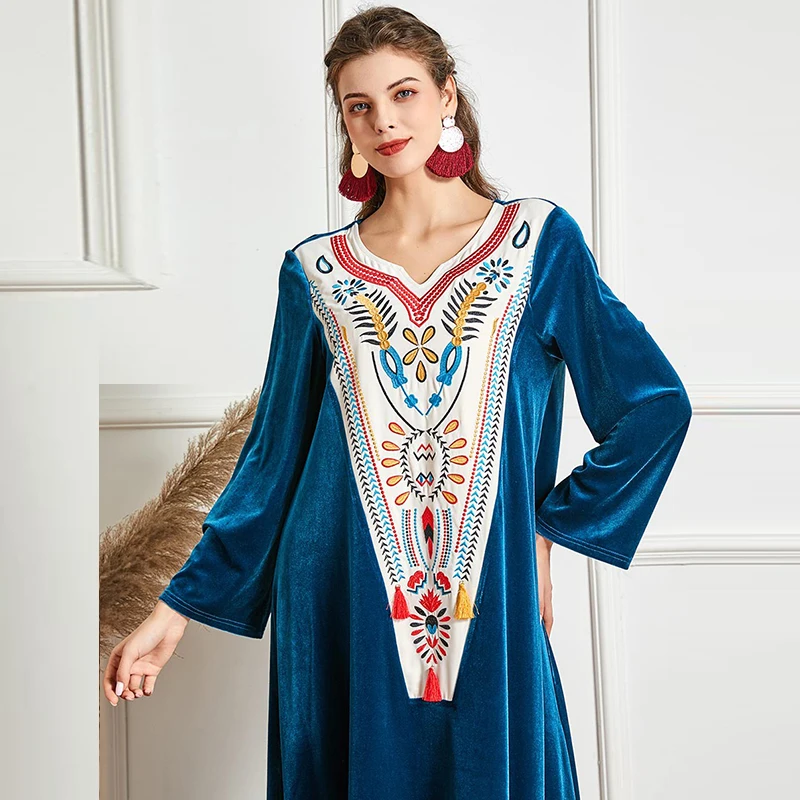 

Latest Plus Size Dress Autumn and Winter Women's Ethnic Embroidery Long-Sleeved Casual Gold Velvet Dress Robe