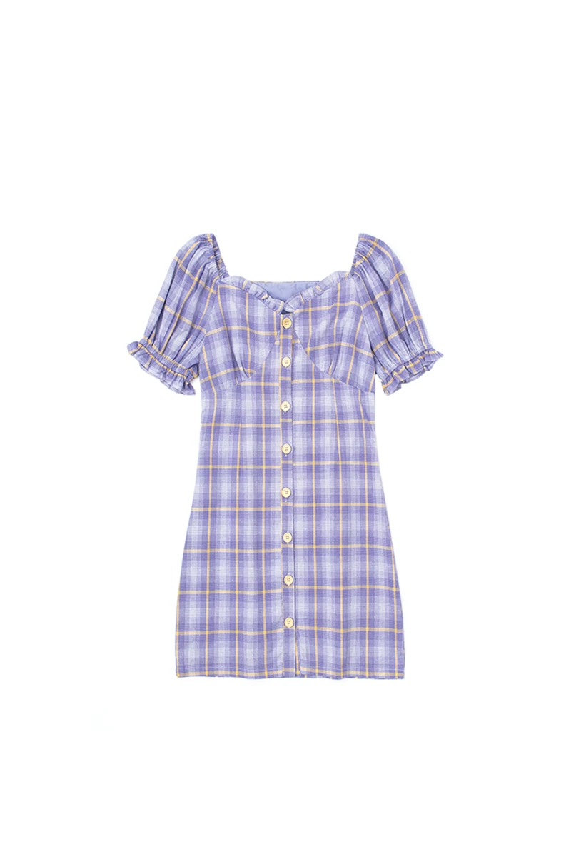 

Summer French Square Collar Puff Sleeve Single-breasted Retro Plaid Dress All-match Thin Skirt