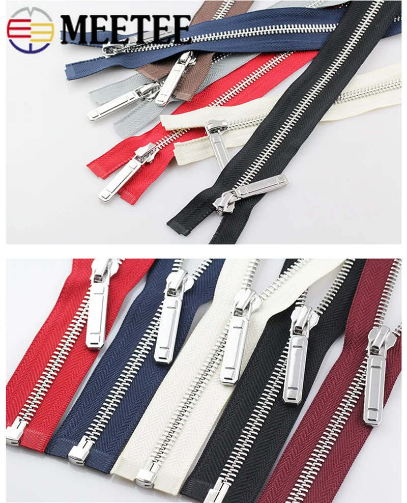 Meetee 1pc 70-150cm 8# Metal Zipper Open-End Auto Lock Single Open Silver Tooth Decor Zip DIY Jacket Coat Textile Accessory |