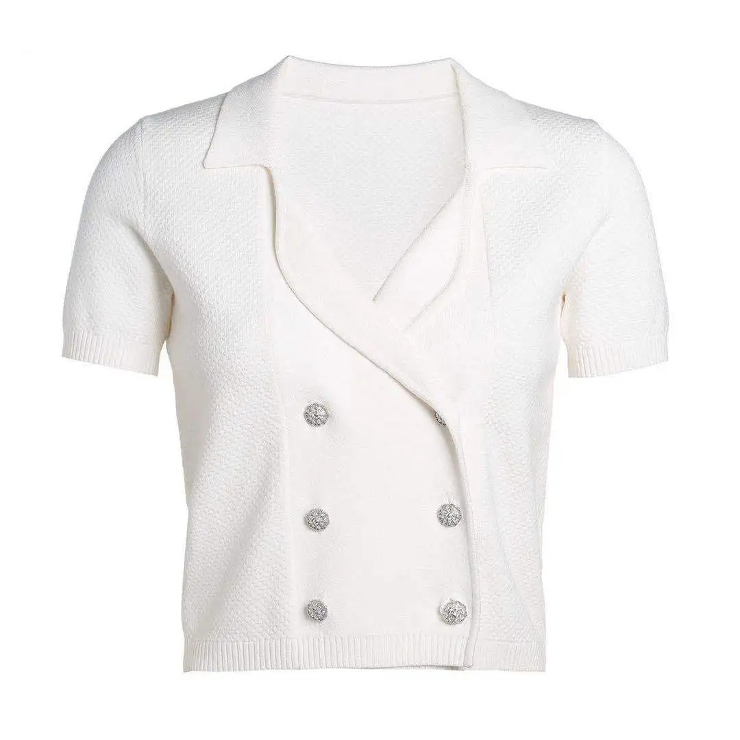 

2020 Mesh Stitching Knit Sweater See-through Lantern Sleeves Five-point Sleeve Shirt Stand-up Collar Tie