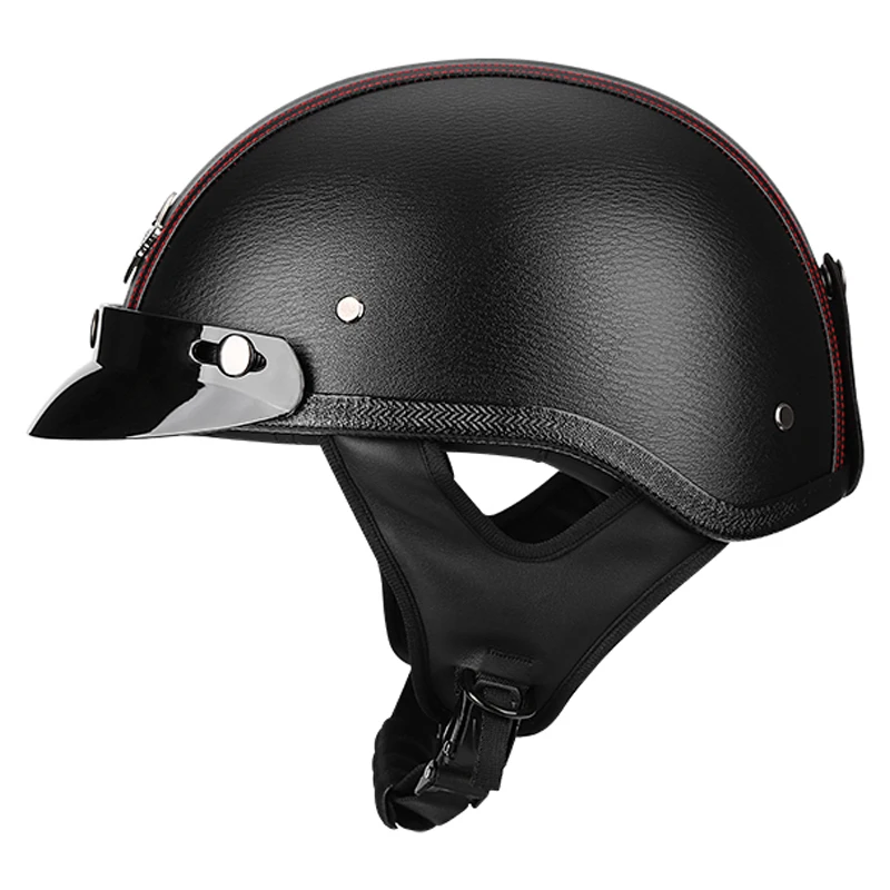 

Black Leather Handmade Retro Vintage Half Face Motorcyle Helmet German Moto Casco Capacete Motociclistas Capacete Sun Visor