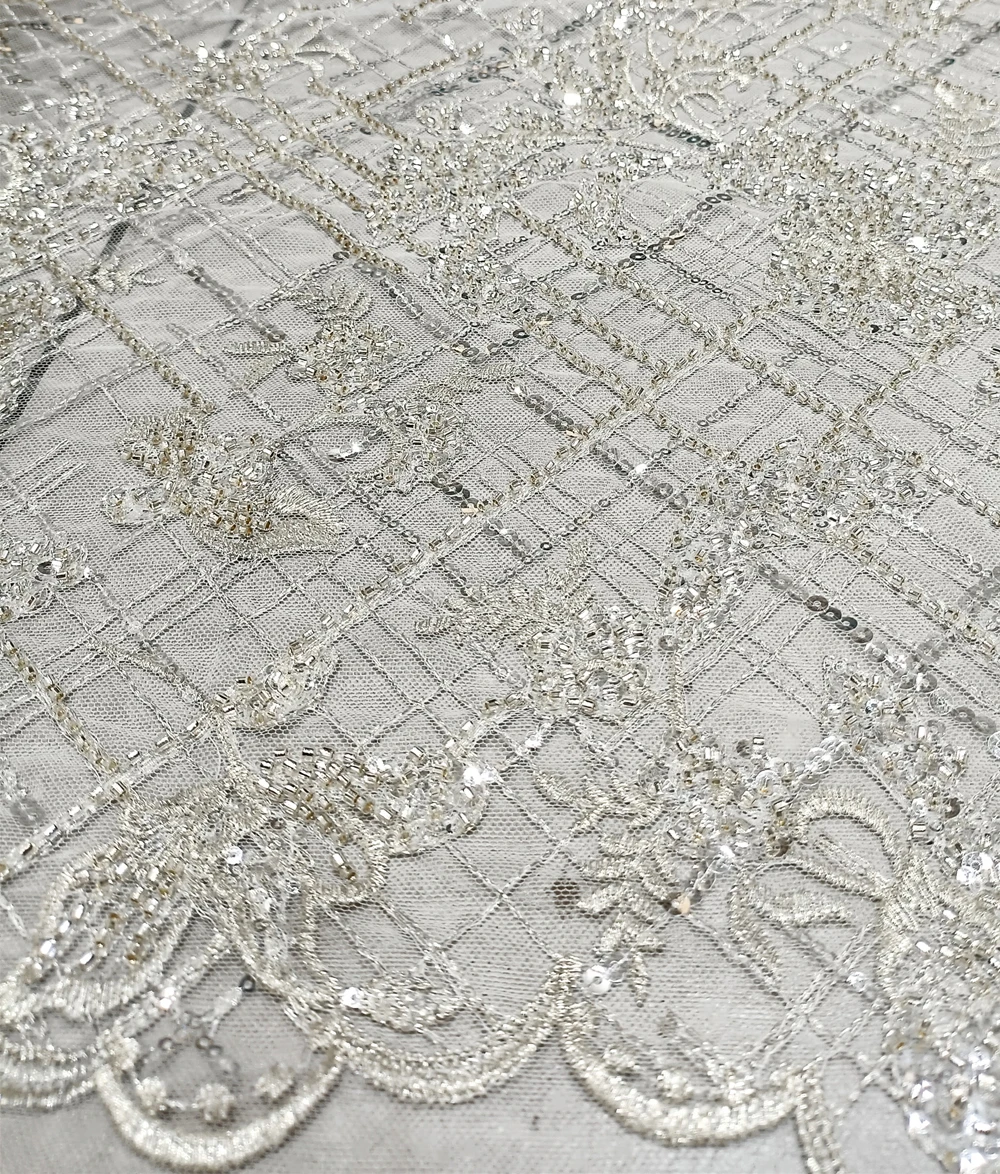 

High Quality French Bridal Wedding Dress Lace Sequin Beads Tube Craft Tulle Embroidery DIY Skirt Sewing Fabric Wholesale 5 Yards