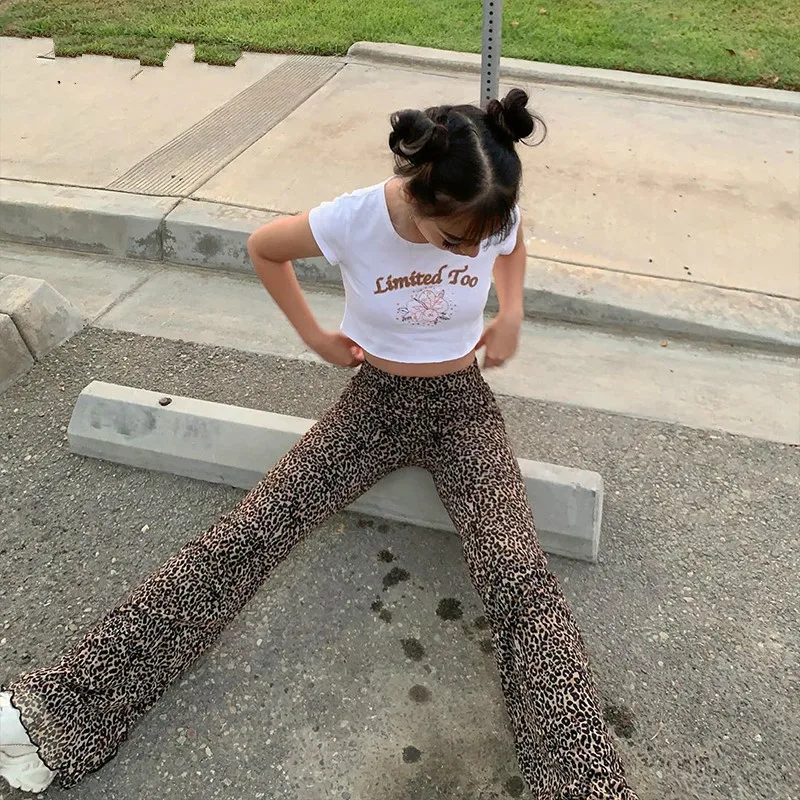 

Y2K Pants E Girl Trousers Women Animal Leopard Flare Skinny Pant Two-layers Mesh Aesthetic Female Sweatpants Spring Lady Bottoms