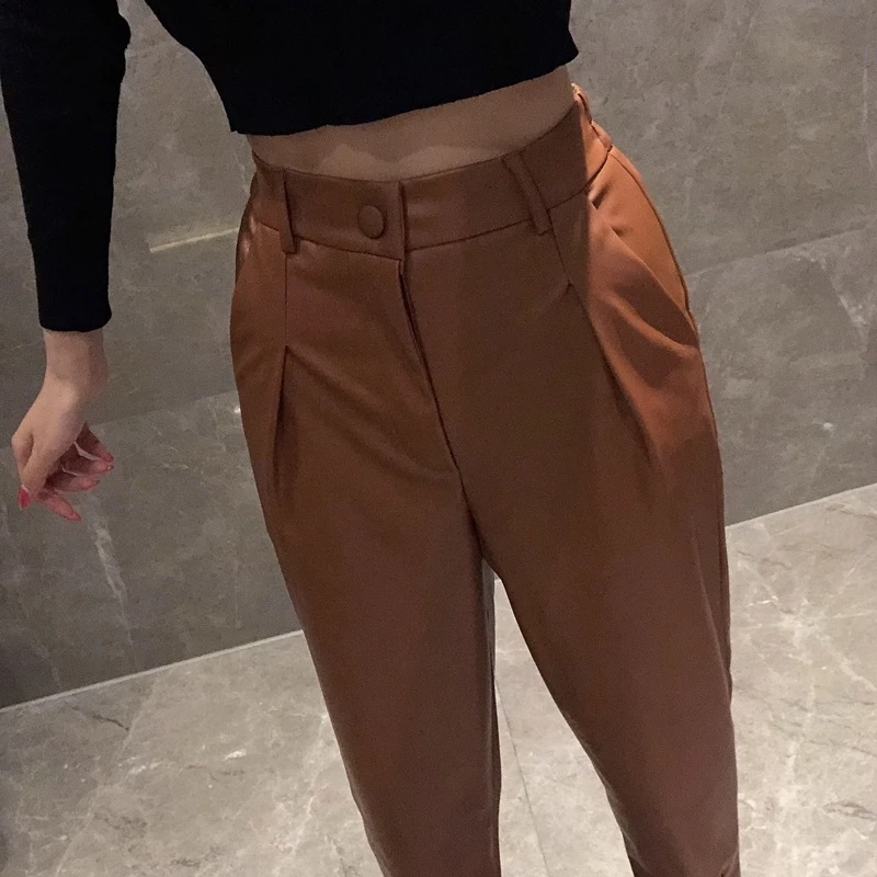 

YOSIBCD Women 2021 Chic Fashion Faux Leather Back Elastic Pants Vintage High Waist Zipper Fly Female Ankle Trousers Mujer