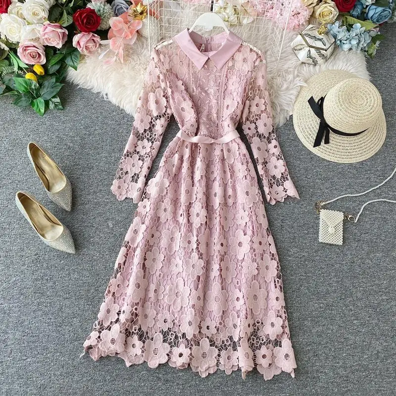 

2021 Spring Autumn New Korean Fashion Women Slim Elegant Turndown Collar Hollow Out Lace Dress Mid-calf Bottoming Dresses Y601