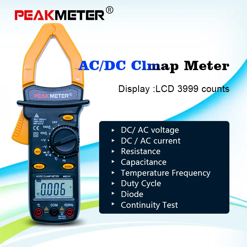 PEAKMETER MS2101 Цифровой клещи AC DC Автоматический диапазон температурный измеритель