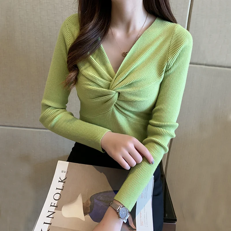 Свитер с v-образным вырезом однотонный осенне-зимний свитер Женский пуловер