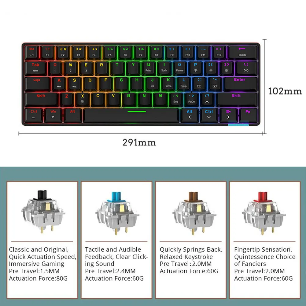 

STK61 Wired Wireless Mechanical Keyboard 61 Keys RGB Backlight Pudding Keycap Keyboard Supports Dual System Computer Tablet