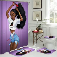 Fashion African Afro American Girl Lady Comb Hair Shower Curtain Set Bathroom Non-slip Rugs Toilet Lid Cover Bath Mat Home Decor