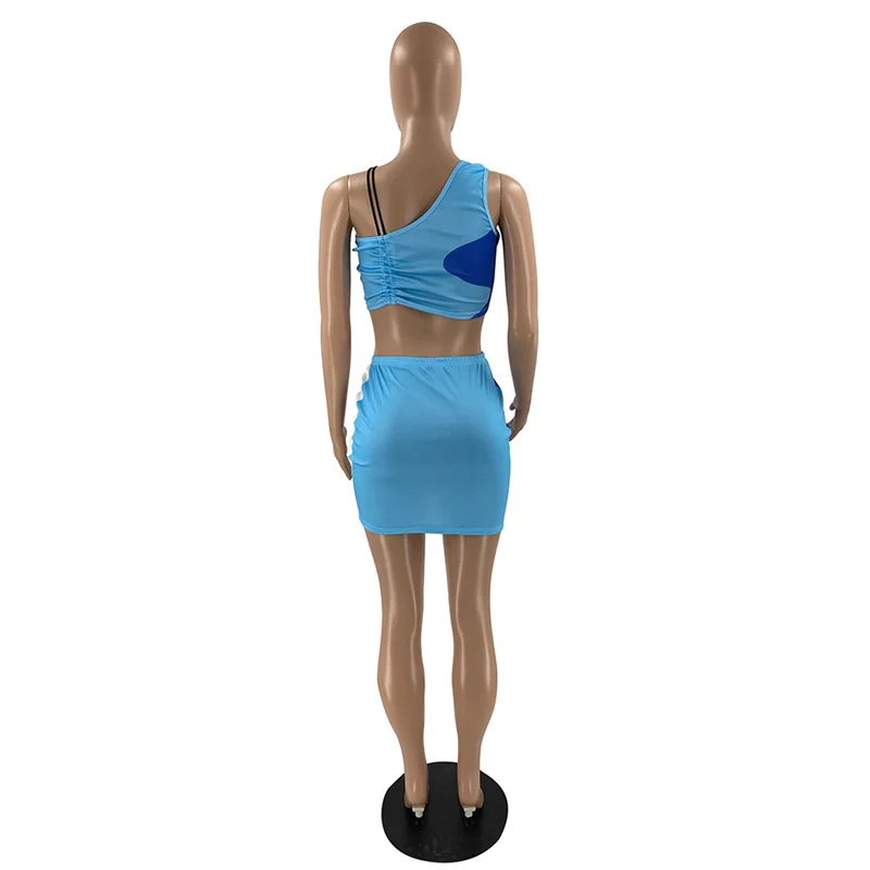 

Summer Color Patchwork Drawstring Dress Two Piece Set Women One Shoulder Sleeveless Vest Crop Top Bodycon Mini Skirt Beach Suits