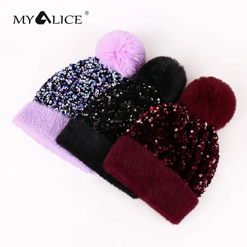 

MYALICE Women Sequins Wool Knitted hat Winter Keep warm Hairball Decorate Casual Cute Gift Outdoor travel Personality Wholesale