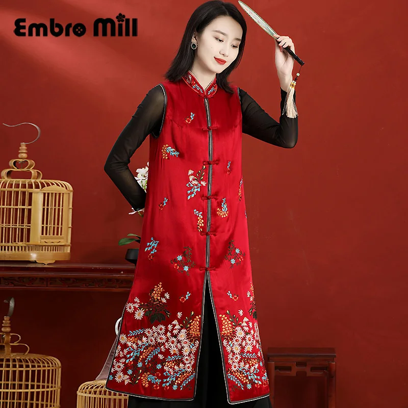 

Women's Vest Autumn And Winter New Retro Stand Collar Embroidered Chinese Style Single-Breasted Waistcoat Plus Size M-3XL