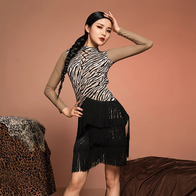 

New Latin Dance Competition Dress Professional Long Sleeve Fringe Costumes Samba Sexy Practice Clothes Rumba Dancewear DWY6403