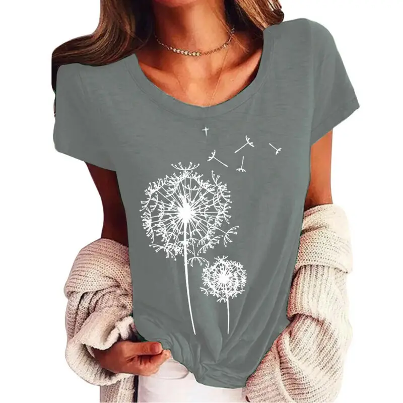 

Fashion Womens Dandelion Printed Short Sleeve Round Neck Casual Soft T Shirt Top
