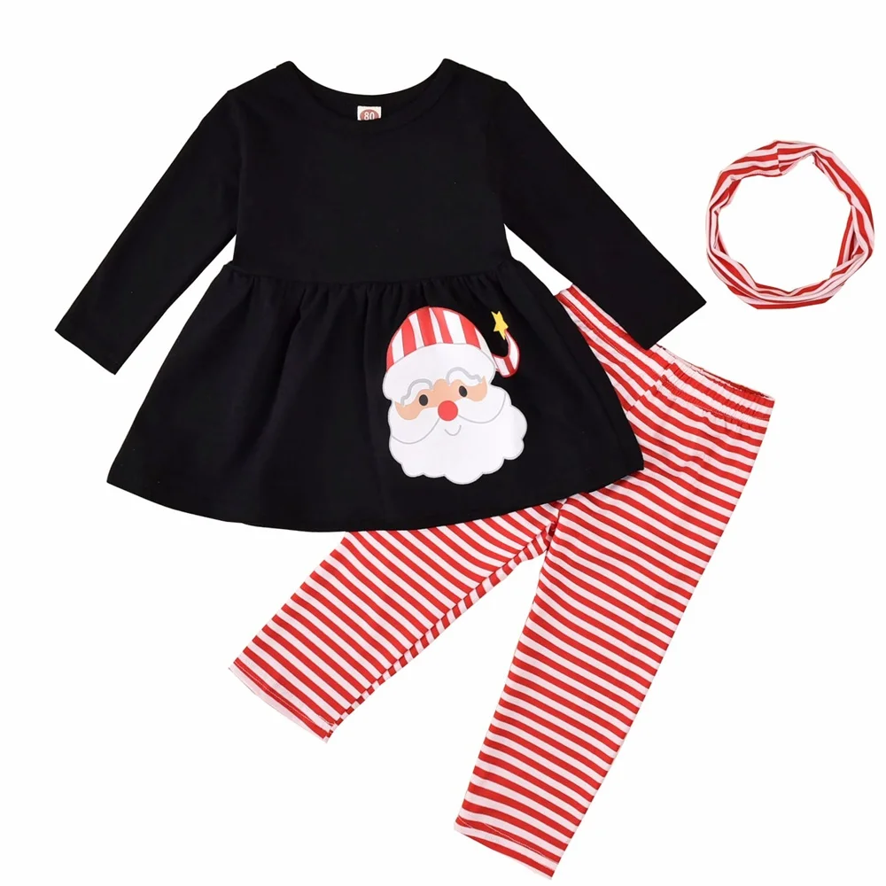 

Toddler Infant Baby Girls 3 Pcs Christmas Outfits Suits Long Sleeve Cartoon Santa Loose Top + Stripe Long Pant + Headband 6M-4Y
