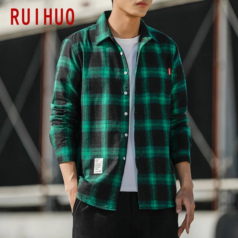 RUIHUO Повседневная клетчатая рубашка для мужчин Slim Fit из хлопка и шерсти мужские