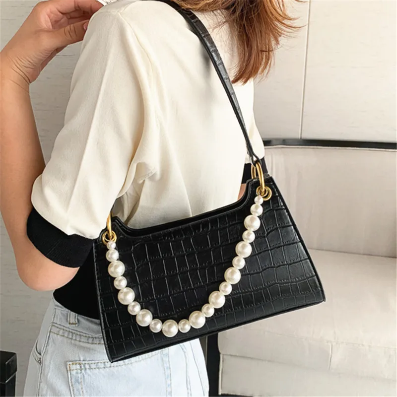 

Crocodile Pattern Female PU Leather Shoulder Bags Pure Color Pearl Handbags for Women Simple Casual Baguette Underarm Bag Sac