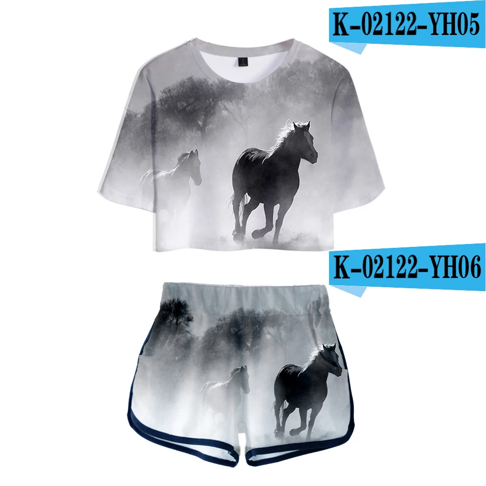 

Classic Kawaii Horse sexy Leopard 3D Print Dew navel Sport Girl suits Two Piece Set Short Sleeve Sexy Shorts+lovely T-shirts