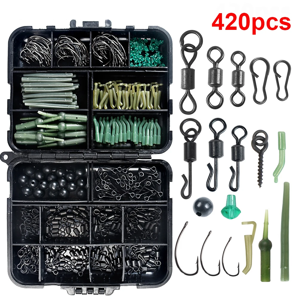 

420Pcs Carp Fishing Tackle Kit Freshwater Fishing Gear Set Portable Swivels Hooks Anti Tangle Sleeves Hook Beads Boilie Baits