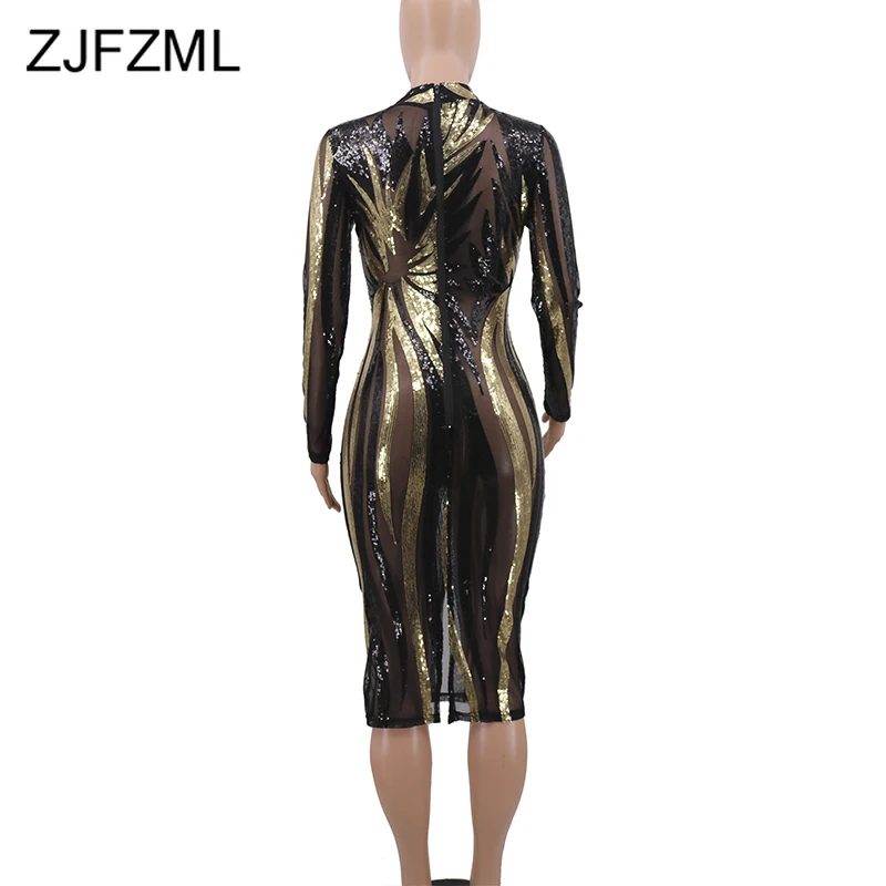 

Sheer Mesh Sequined Spliced Sexy Party Dress Women O Neck Long Sleeve Bandage Dress Elegant Female High Waist See Through Dress
