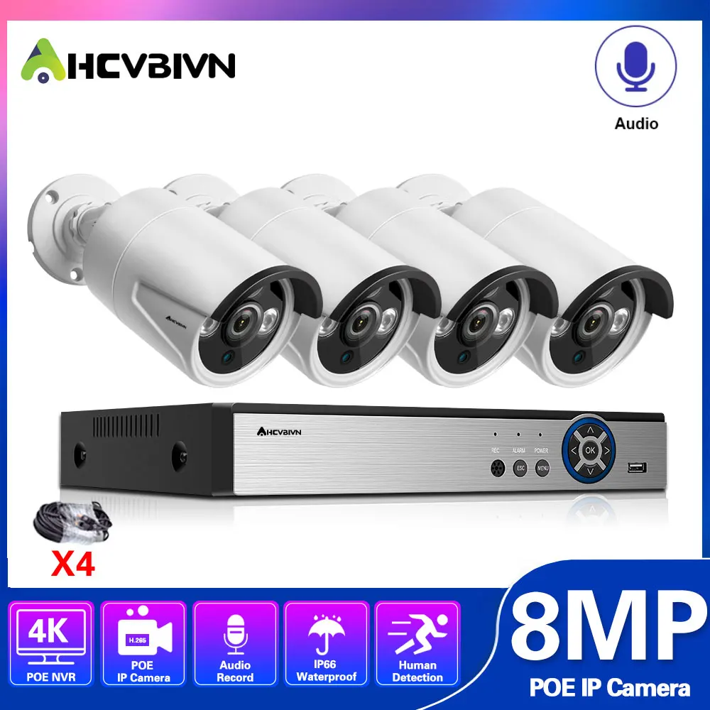 

H.265+ 8MP POE 4CH NVR AI CCTV Security Camera System Kit Motion Detection Outdoor Audio Video Surveillance Camera Kits P2P