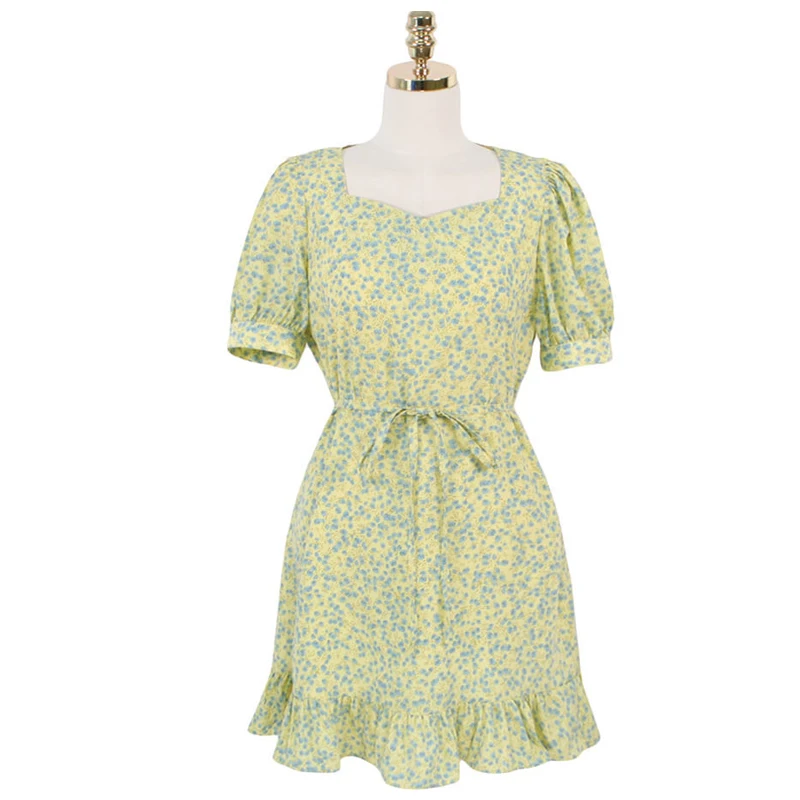

Vintage Women Puff Sleeve Short Dress Lady High Waist Chiffon Dress Casual Female A-line Summer Dress for Office Lady Vestidos