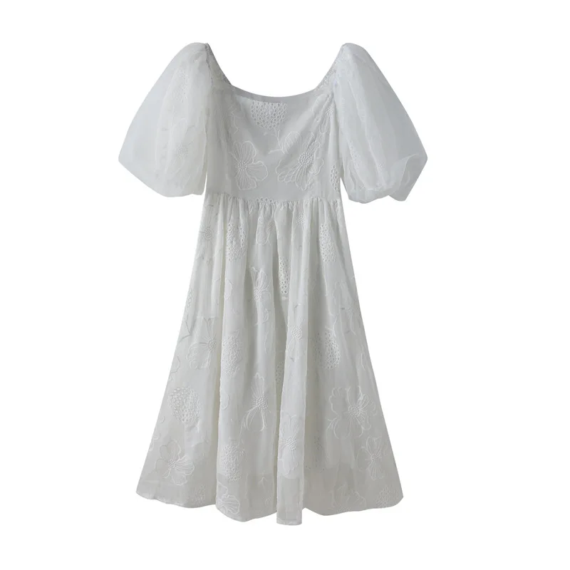 

COIGARSAM Plus Summer Women's Lace Mesh 2021 New Temperament Fashion Square Neck Puff Sleeve A-line White Dress