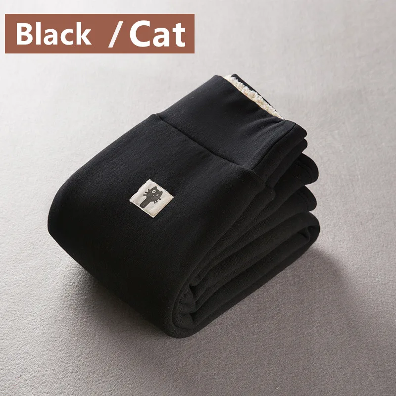 Cat Black Черные женские зимние плотные бархатные брюки размера плюс, теплые Стрейчевые узкие брюки-карандаш с высокой талией, повседневные шерстяные флисовые леггинсы - Цвет: Cat Black