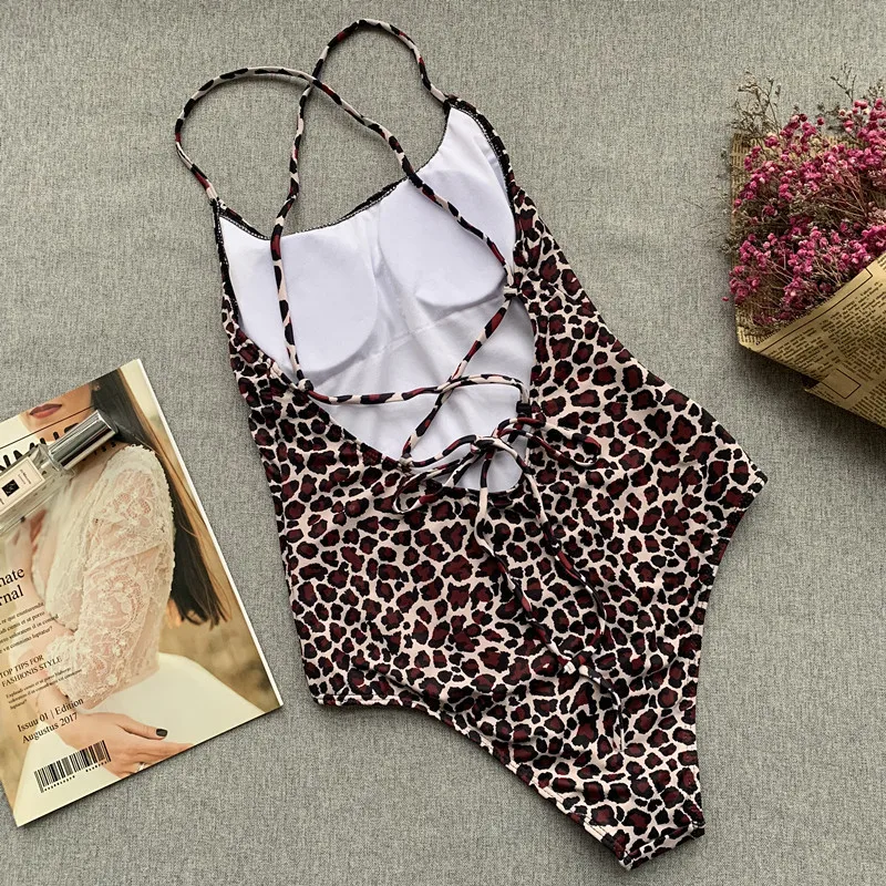 

Leopard Women's One Piece Swimsuits Women Retro Female Backless Swimwear Monokini Cutout Swimsuit Sexy Tummy Control Swimwear