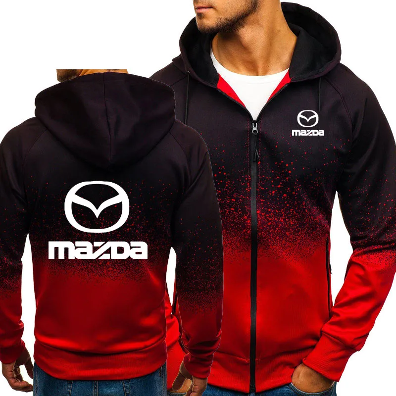 

New Hoodies Men Mazda Car Logo Print Casual Harajuku Gradient color Hooded Mens Fleece Sweatshirts zipper Jacket Man Clothing