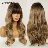 emmor synthetic ombre brown to blonde wig for women natural long wavy wigs with bangs heat resistant fiber dailycosplay hair wig